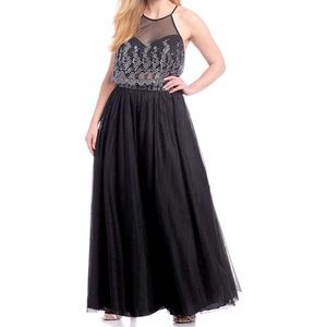 Navy tulle halter top gown